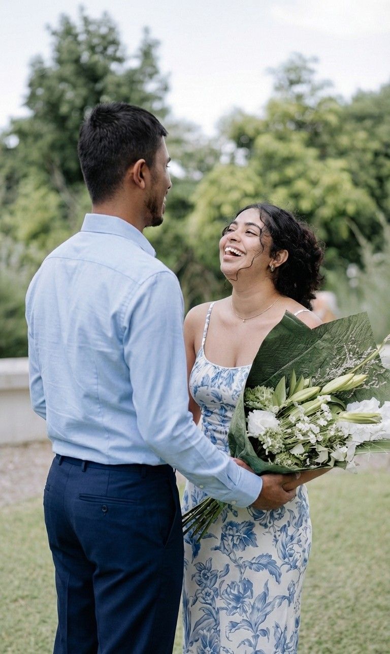 Shewoni and Timothy laughing together on a lawn, Shewoni holding a bouquet of white flowers.